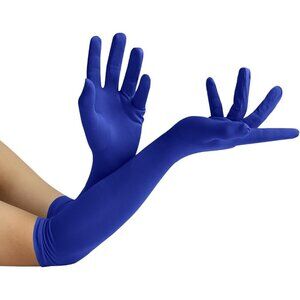 Women's Blue Elbow Length Fabric Satin Gloves Halloween Costume Accessories
